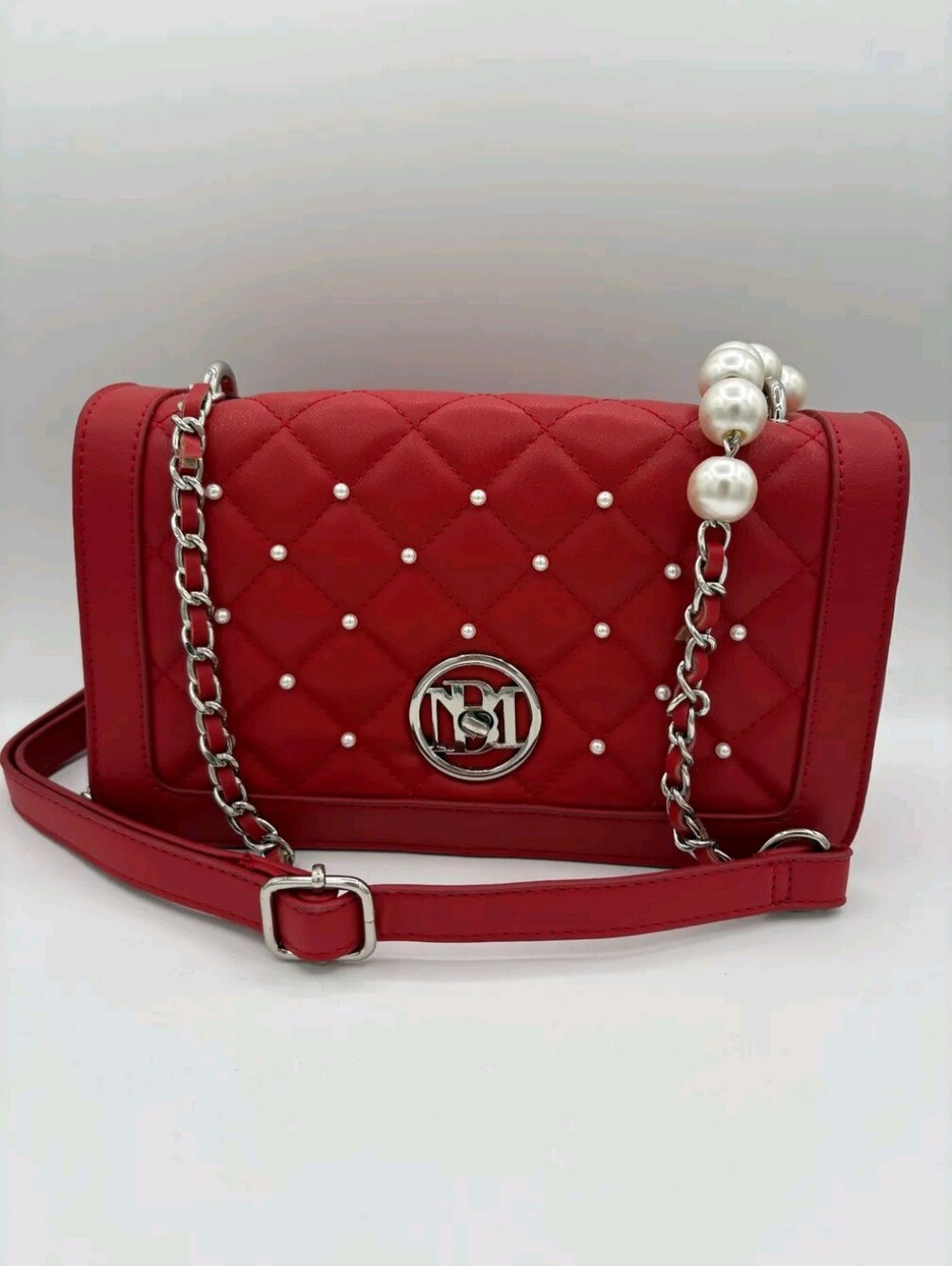 Bagley Mischka Quilted Red Pearl-Accent Crossbody Bag NWT